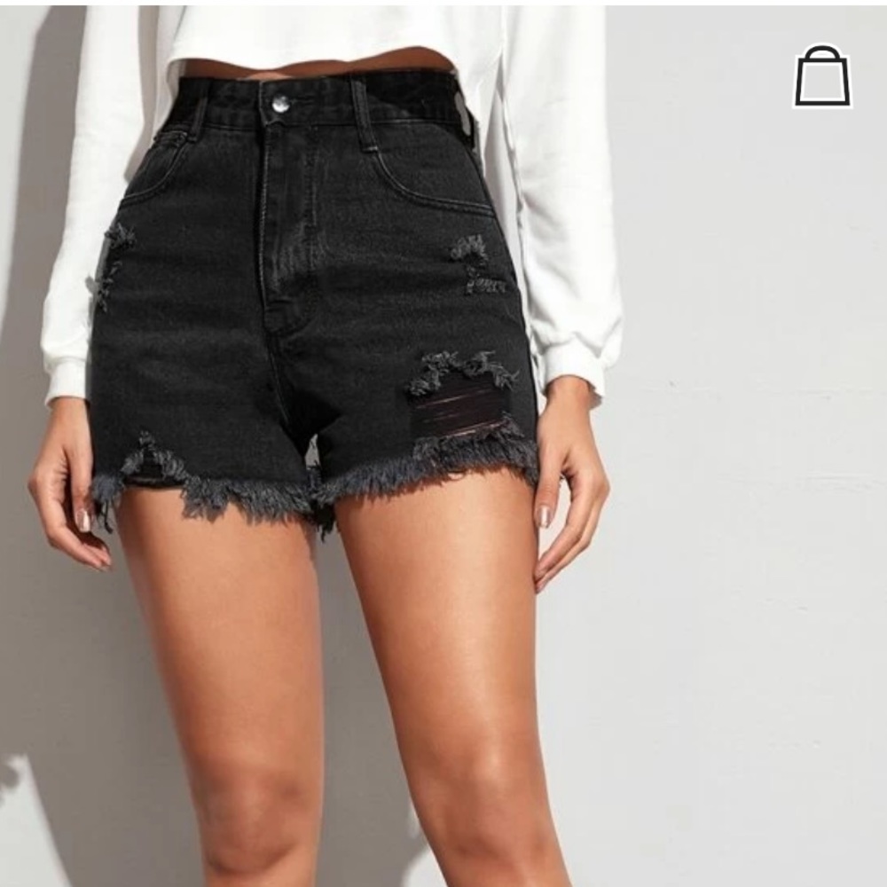 Ripped raw hem solid black denim shorts size large